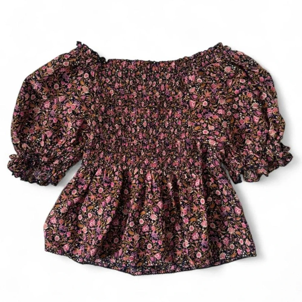 Old Navy Floral Smocked Puff Sleeve Blouse Cottagecore Romantic Boho Top